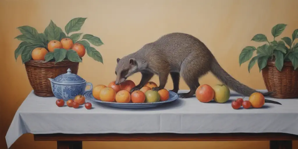 a mongoose sniffing fruits in the fruit basket on the dining table